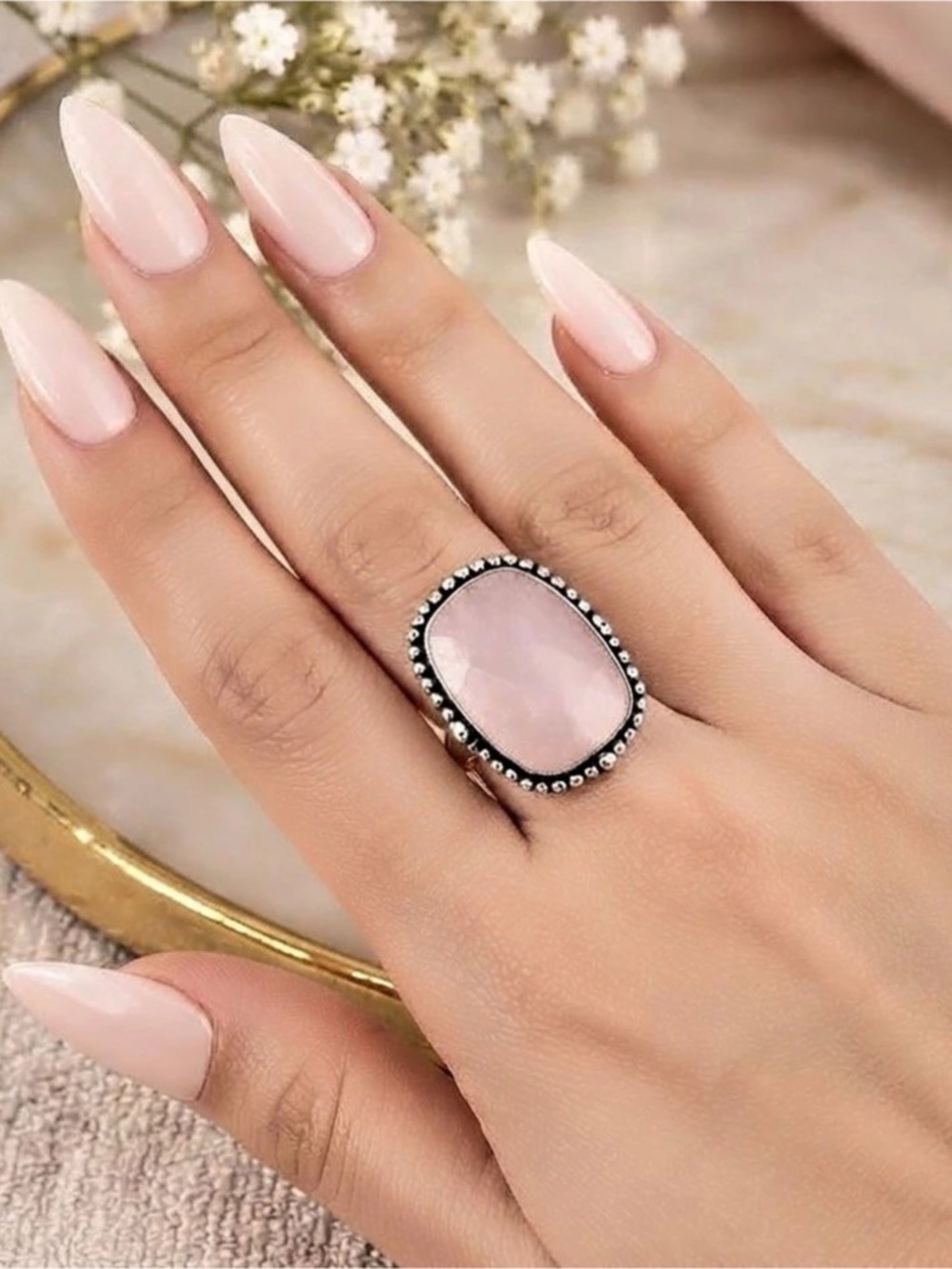 Kunzite Statement Ring Sterling Silver Pink Gemstone Beaded Boho Size 10